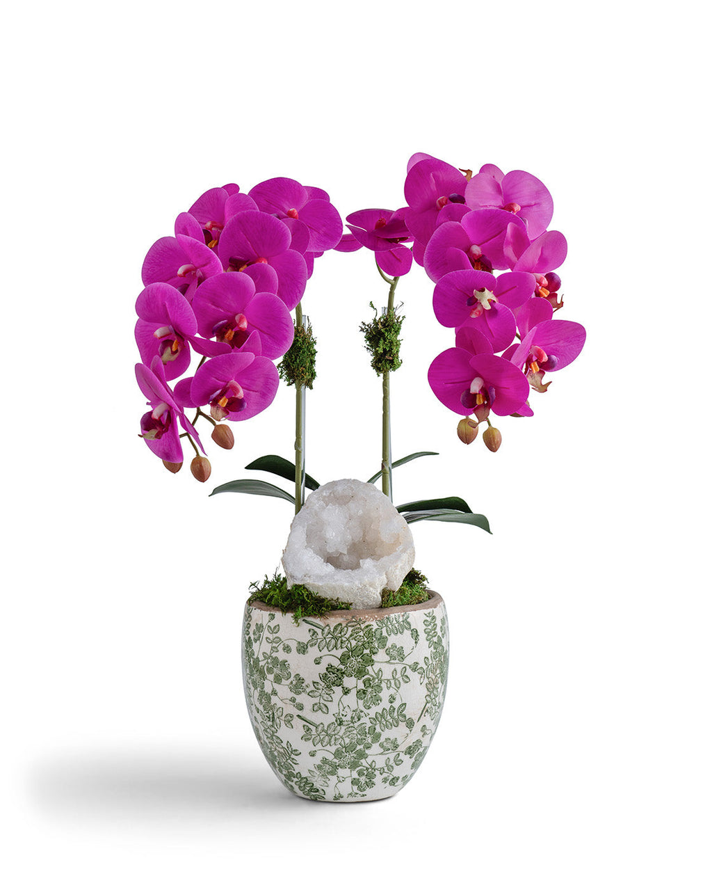 Double  Orchid in Green & White Floral Ceramic Vase