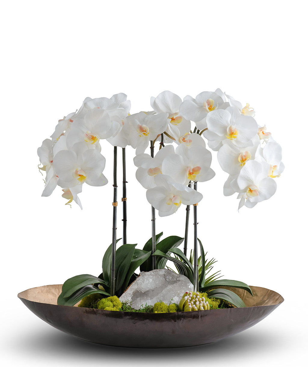 Orchids in Mixed Metal Planter with Real Quartz Stone