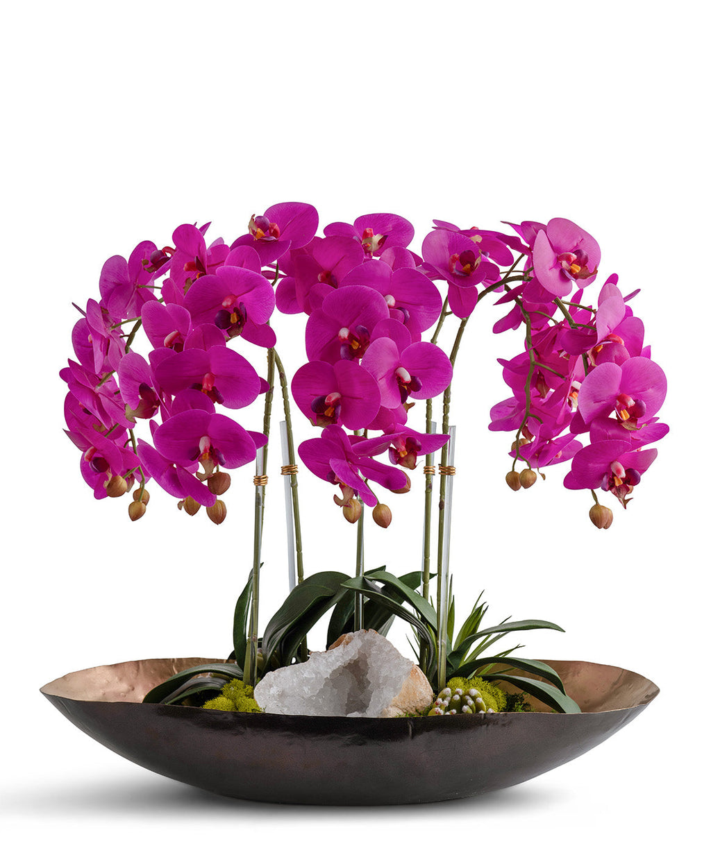Orchids in Mixed Metal Planter with Real Quartz Stone