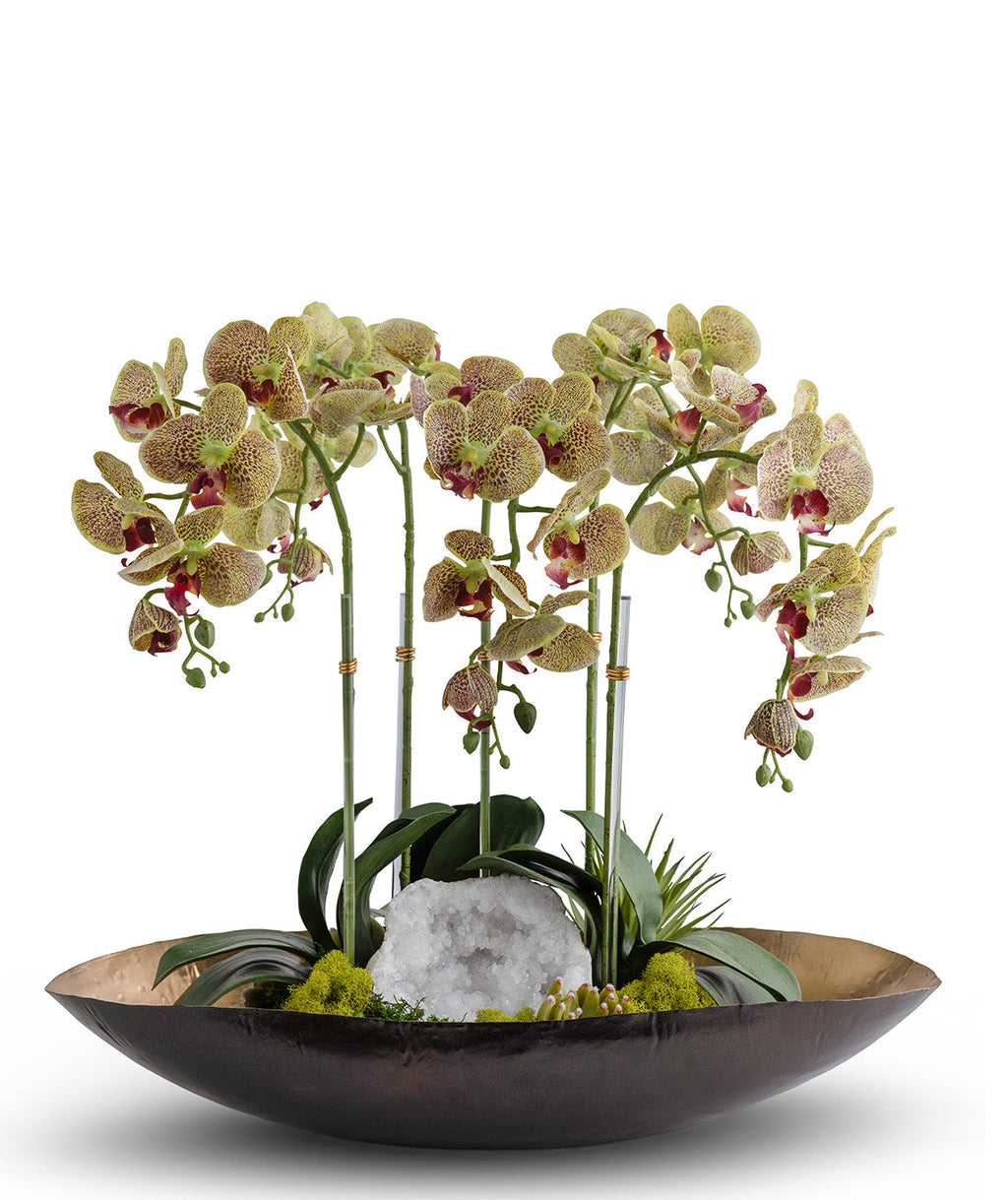 Orchids in Mixed Metal Planter with Real Quartz Stone