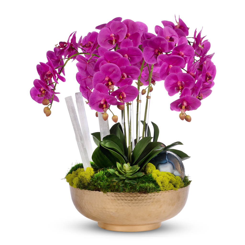 Orchids in Gold Hammered Metal Bowl with Selenite & Agate Slabs VivoPetal