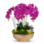 Orchids in Gold Hammered Metal Bowl with Selenite & Agate Slabs VivoPetal