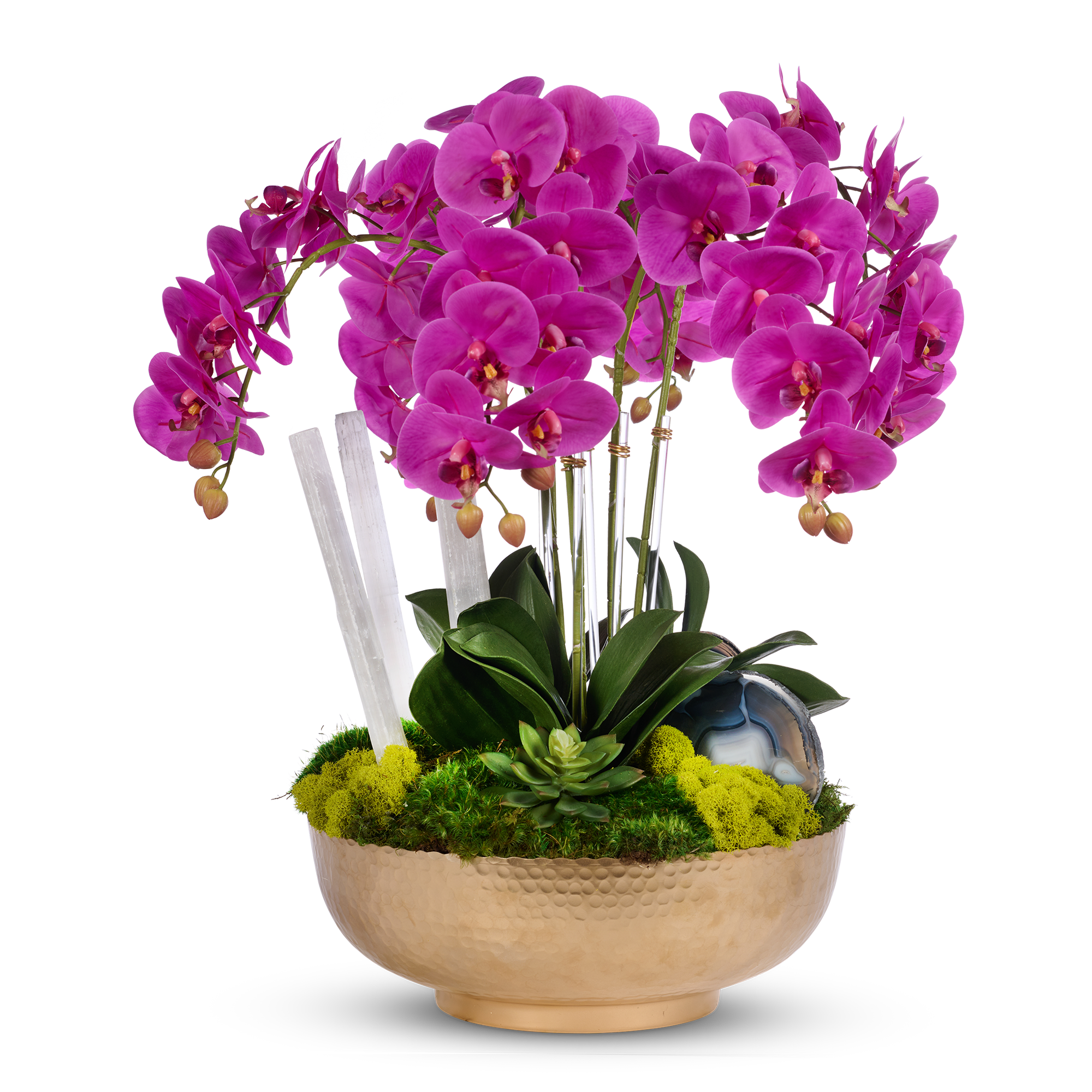 Orchids in Gold Hammered Metal Bowl with Selenite & Agate Slabs VivoPetal