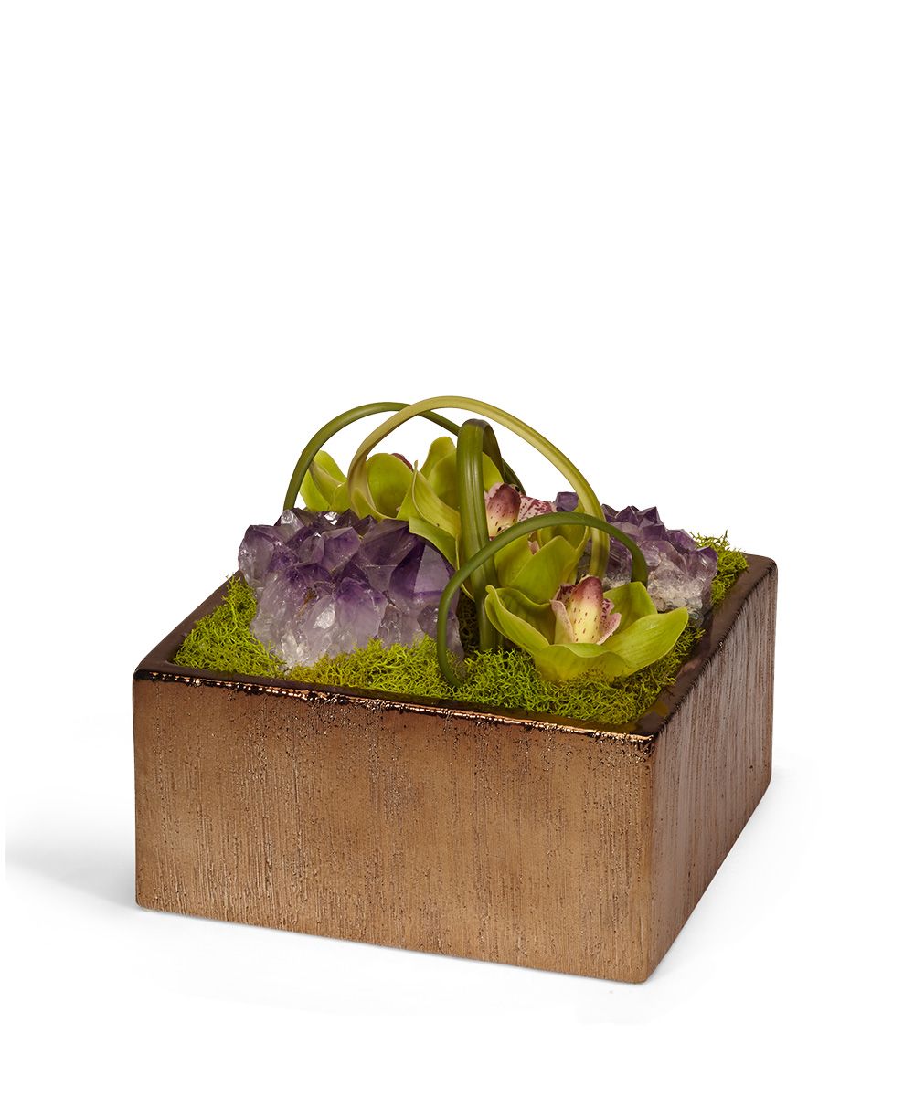 Orchids in Bronze Square Faux Cymbidium Orchid Arrangement | VivoPetal