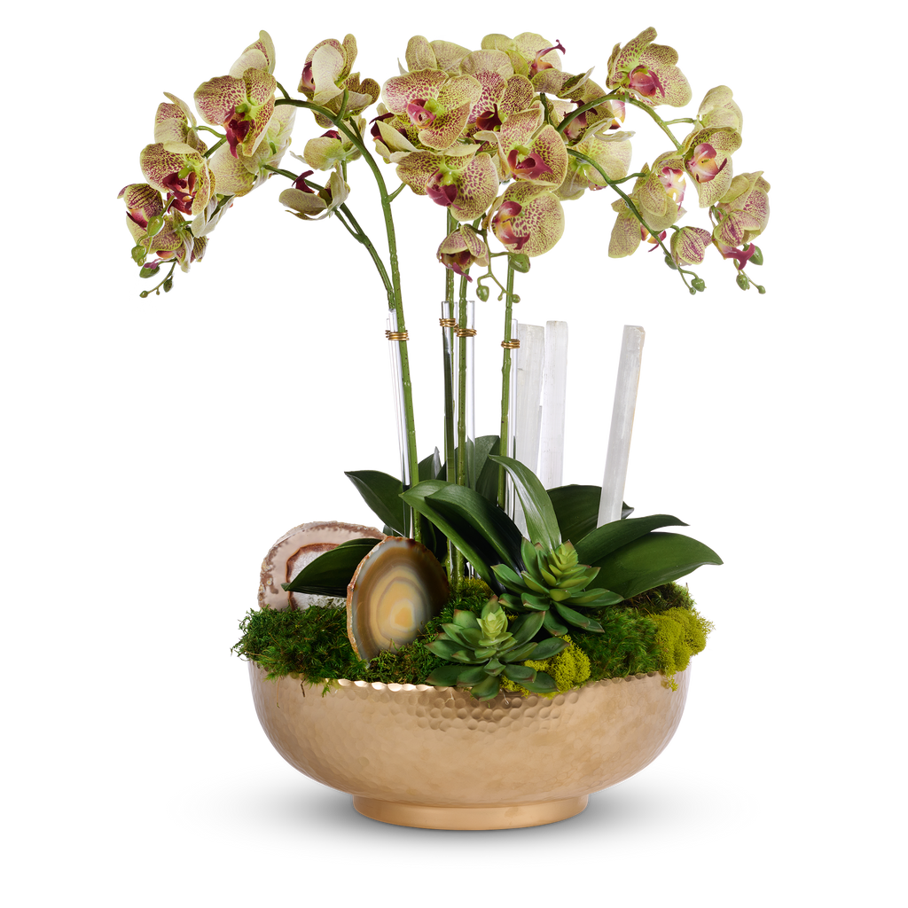 Orchids in Gold Hammered Metal Bowl with Selenite & Agate Slabs VivoPetal