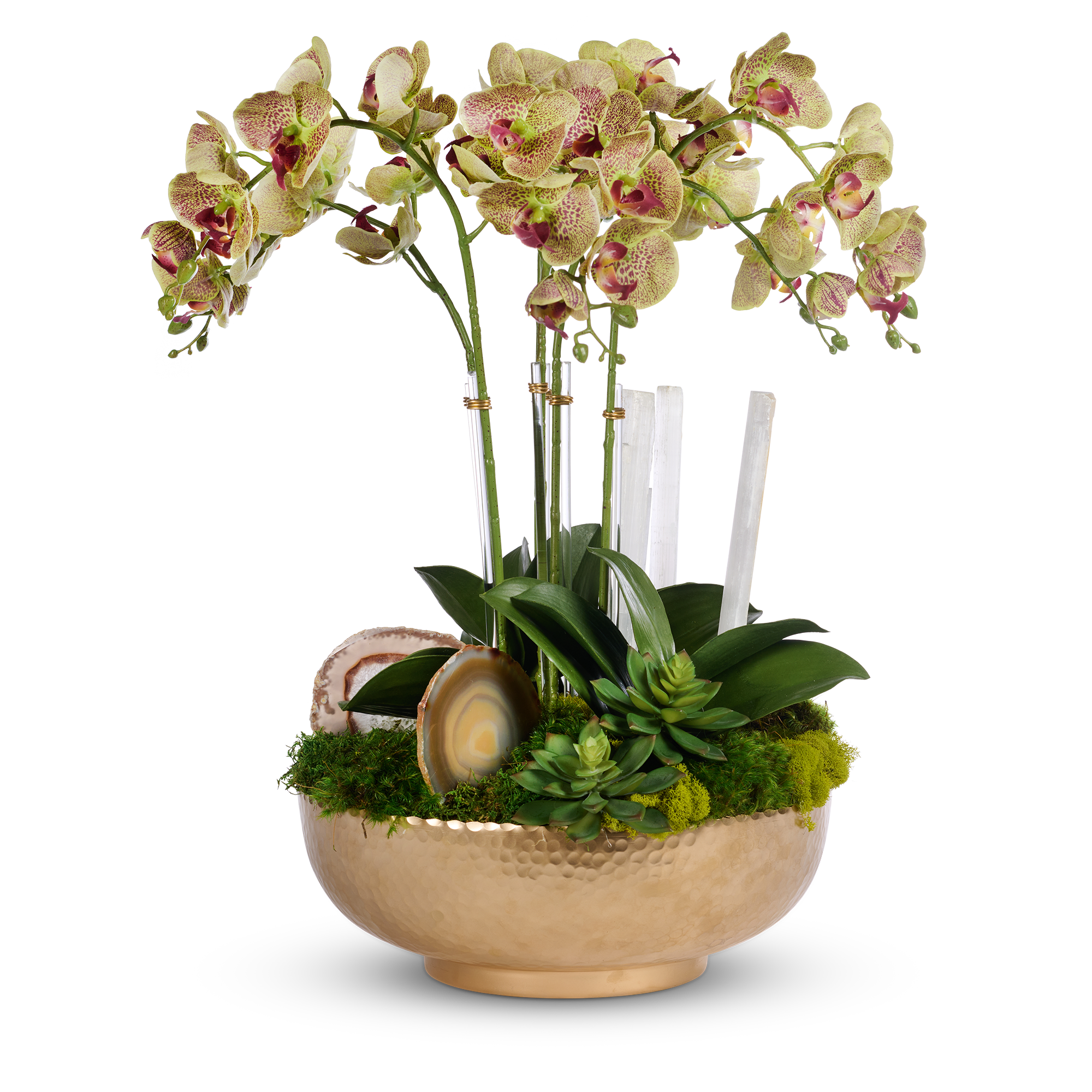 Orchids in Gold Hammered Metal Bowl with Selenite & Agate Slabs VivoPetal