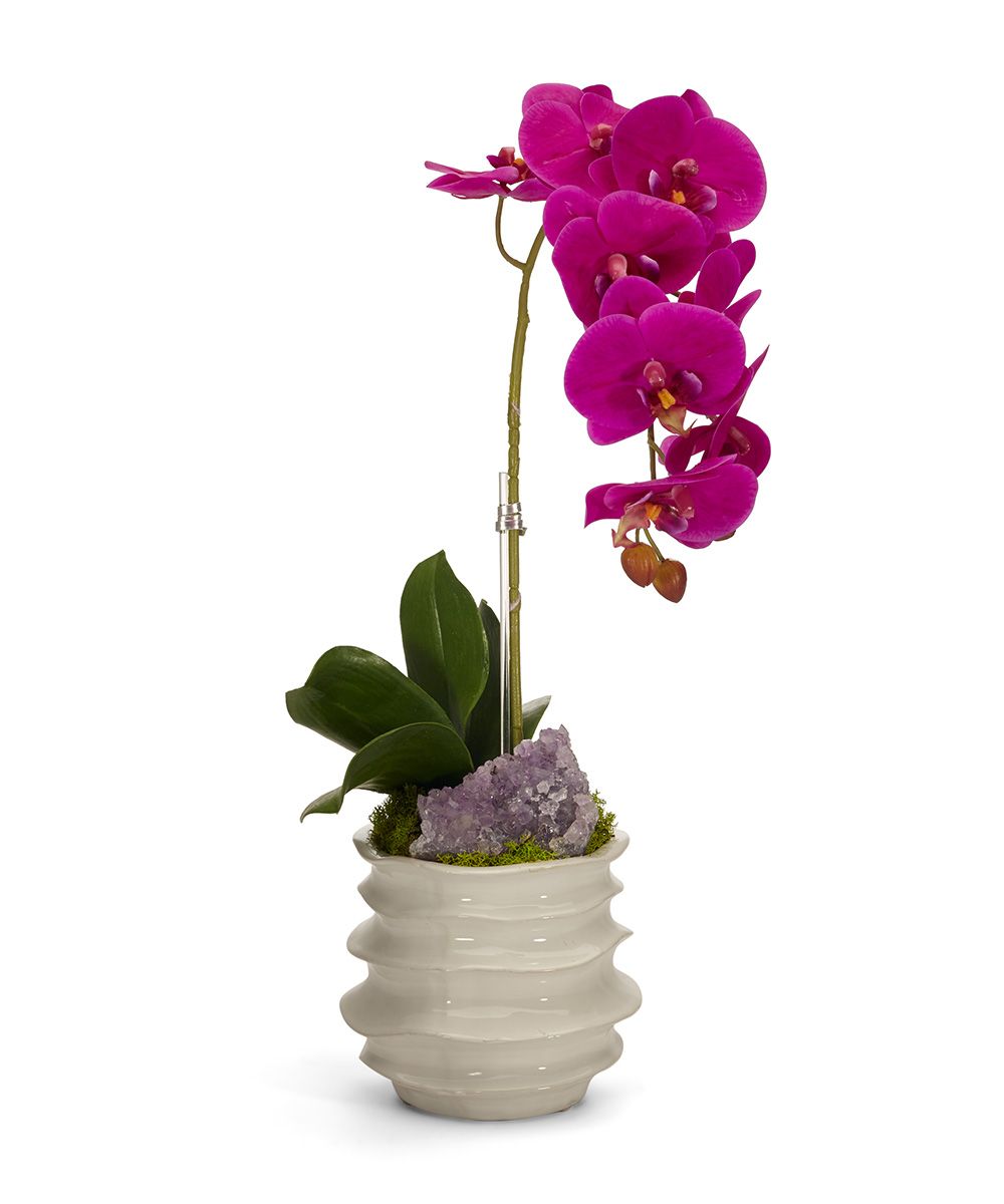Orchid in White Wavy Pot Faux Orchid with Preserved Moss and Geode Accent | VivoPetal