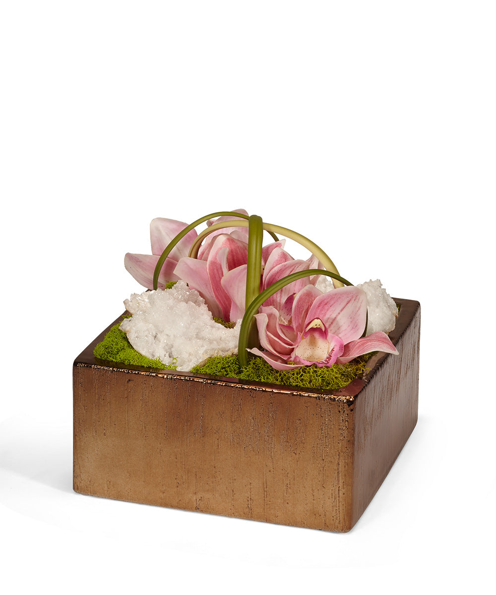 Orchids in Bronze Square Faux Cymbidium Orchid Arrangement | VivoPetal